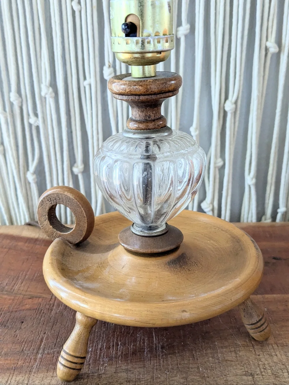 Vintage Mid-Century Footed Wood & Glass Finger Lamp Rustic Cottagecore Farmhouse